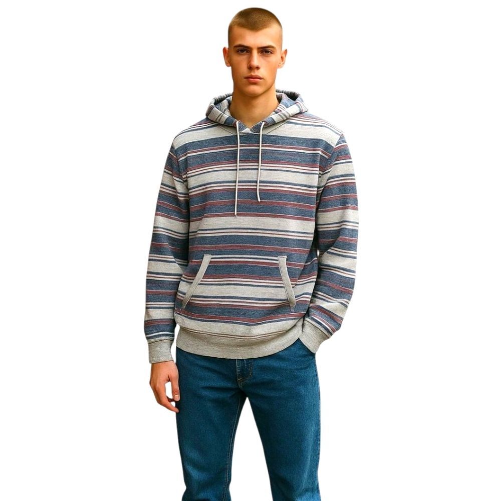 Lucky Brand Striped Hoodie Woven 100% Cotton Pullover Gray Blue Red size L Mens